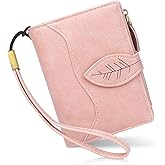CONISY Small Wallet for Women, Compact Bifold Leather Wallet with Wristlet RFID Blocking Womens Wallet (Pink)