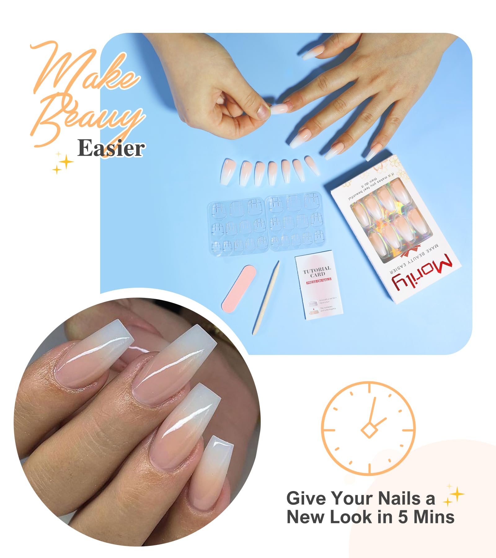 Morily Press on Nails - Pink Ombre Coffin Fake Nails Medium Length, French Tip Glossy False Stick on Fingernails for Women - 24Pcs in 12 Sizes - Image 5