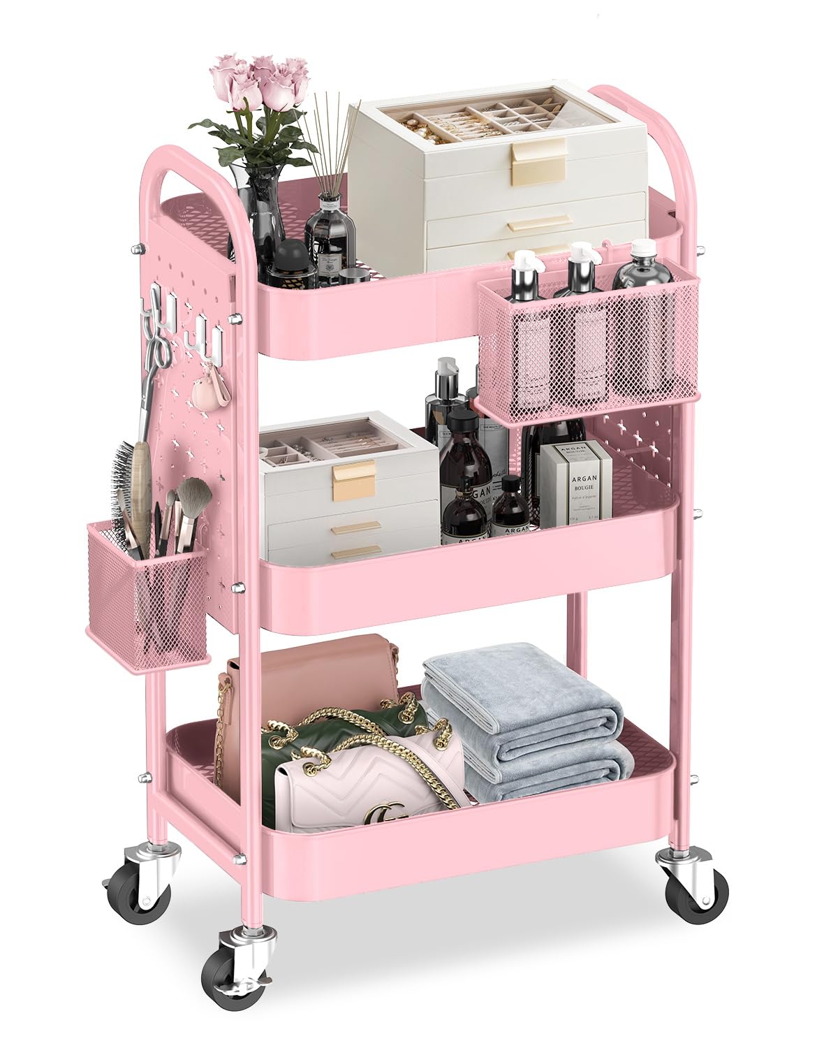 ALVOROG 3 Tier Rolling Cart with DIY Pegboards Metal Utility Cart with ...