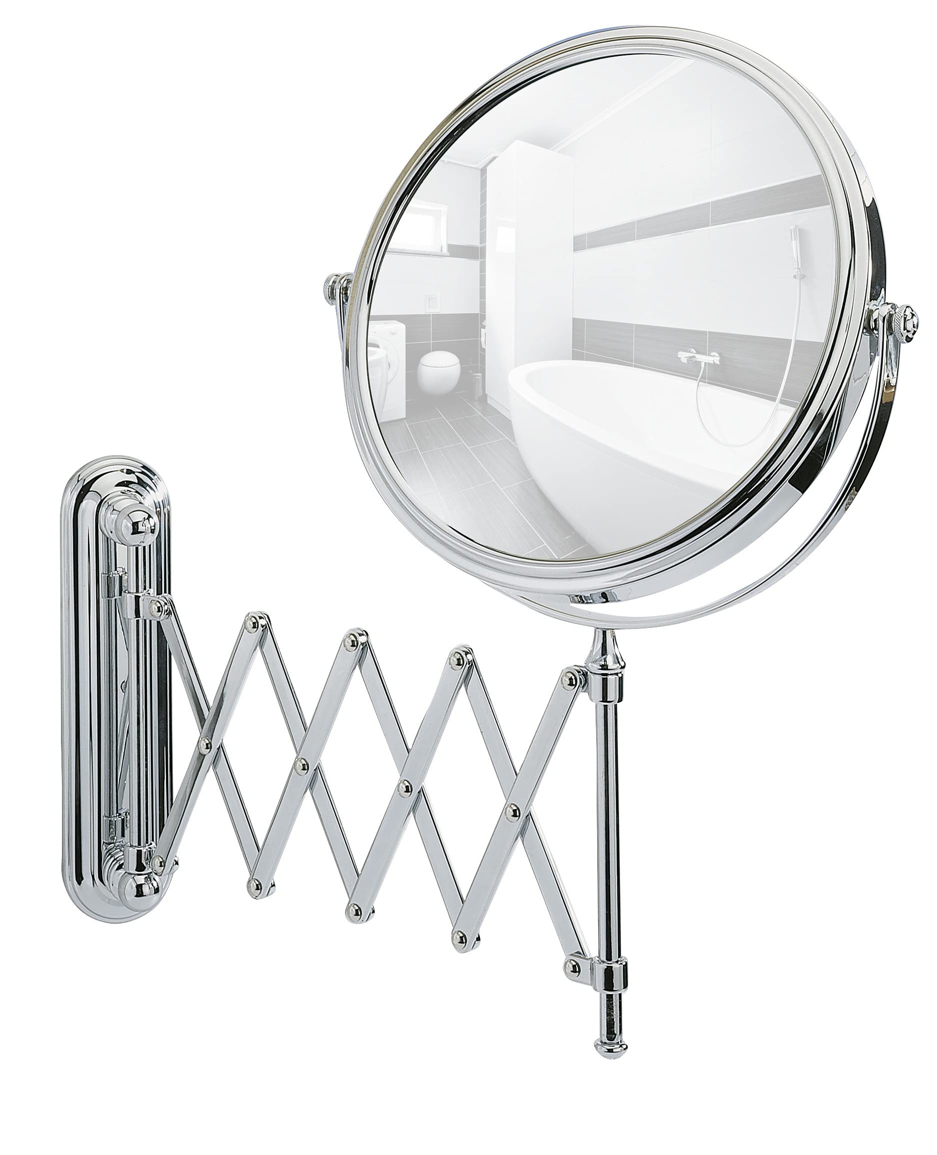 WENKO Wall-Mounted Cosmetic Mirror Telescope Deluxe - Height-Adjustable, Swivel Function, Reflecting Surface ø 19 cm 500% Magnifying Effect, Steel, 23 x 38 x 50 cm, Chrome