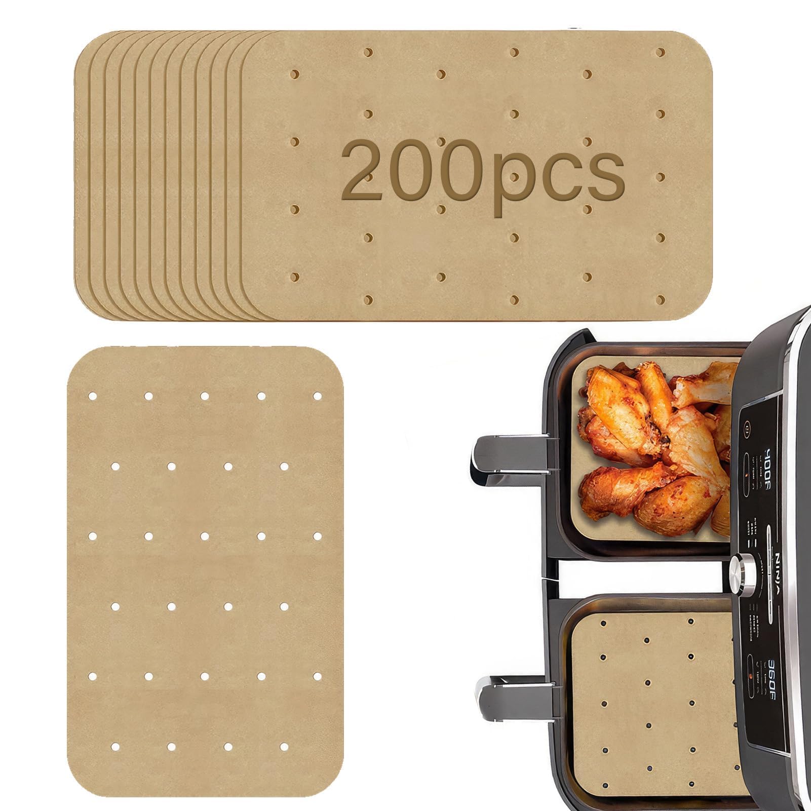 200Pcs Air Fryer Paper Liners, Disposable Airfryer Liners Dual Parchment Paper Compatible with Ninja AF400UK AF300UK Tower Salter, Nonstick Perforated Rectangle Cooking Paper Sheet 14 * 20.5cm