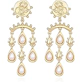UPOWKA Vintage Pearl Drop Earrings, Gold Plated Chandelier Design with White Pearls, Dangle Statement Jewelry Gift for Women