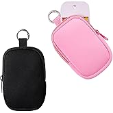 2Pcs Small Makeup Bag, Mini Portable Travel Cosmetic Bag, Soft Neoprene Makeup Pouch with Zipper, Fashion Accessory with Snap Hook, Cute Coin Purse Lipstick Cosmetic Travel Organizer(Black+ Pink)