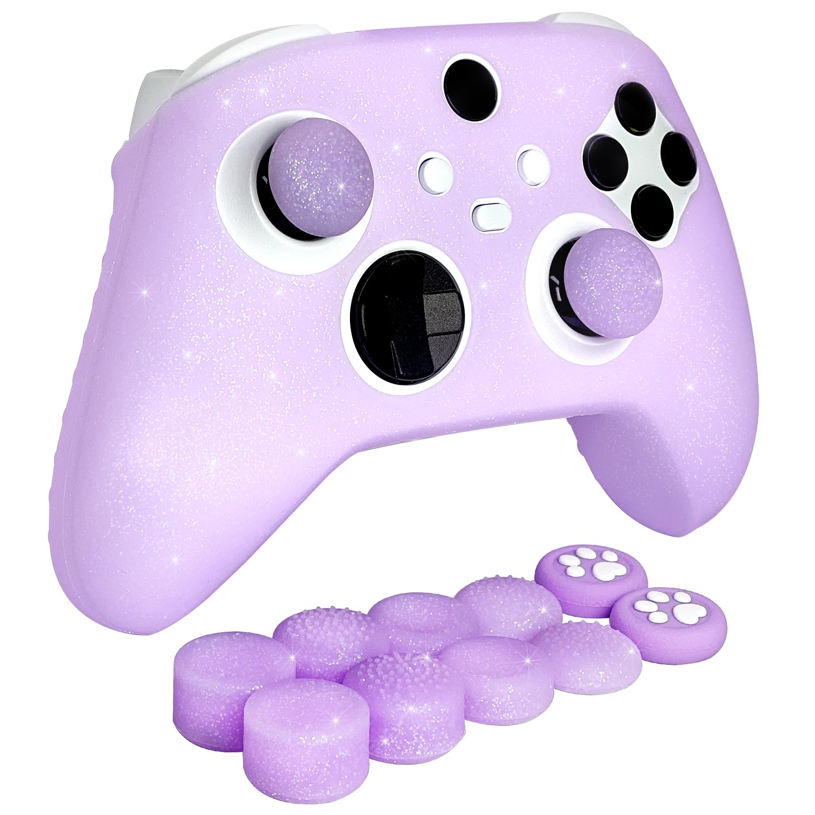 HLRAO Purple Glitter Anti-Slip Protective Silicone Cover Skin Grips for Xbox Series X/S Controller,8 PCS Glitter Thumb Grips Caps and 2 Grips Caps.