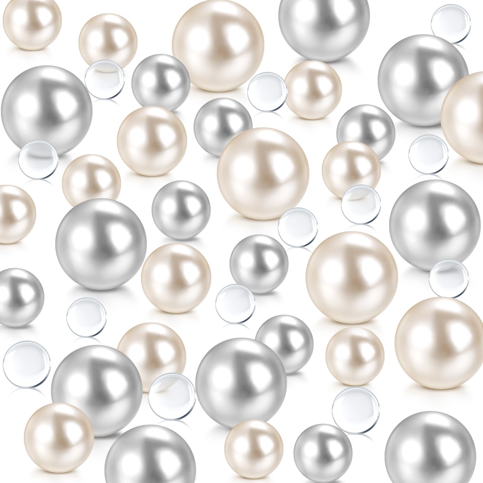 Photo 1 of Sureio 6400 Pieces No Hole Pearls for Centerpieces Vase Filler Beads Clear Water Gel Polished Pearls for Home Candle Wedding Birthday Party Table Decor 8/14/20 mm (Silver Gray, White)