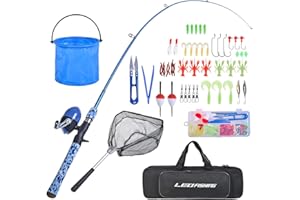 LEOFISHING Kids Fishing Pole Set with Full Starter Kits Portable Telescopic Fishing Rod and Spincast Reel with a Fishing Net and Bucket for Boys Girls and Youth