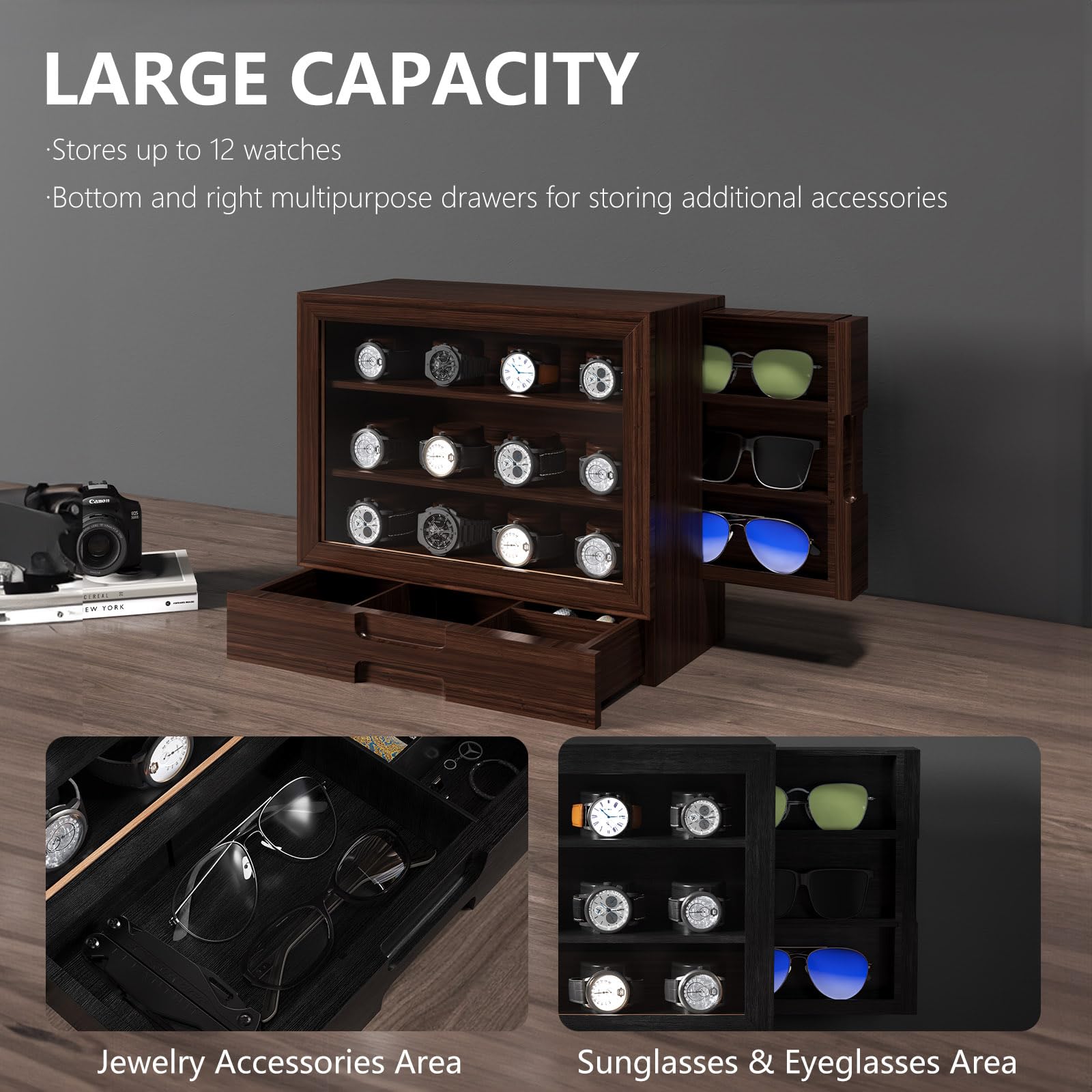 AUTOARK Wooden Watch Sunglass Display Case,12 Watch Box with Jewelry Drawer,Watch Eyeglass Holder with Window,Vertical Storage,Gift Idea,Walnut,AW-185