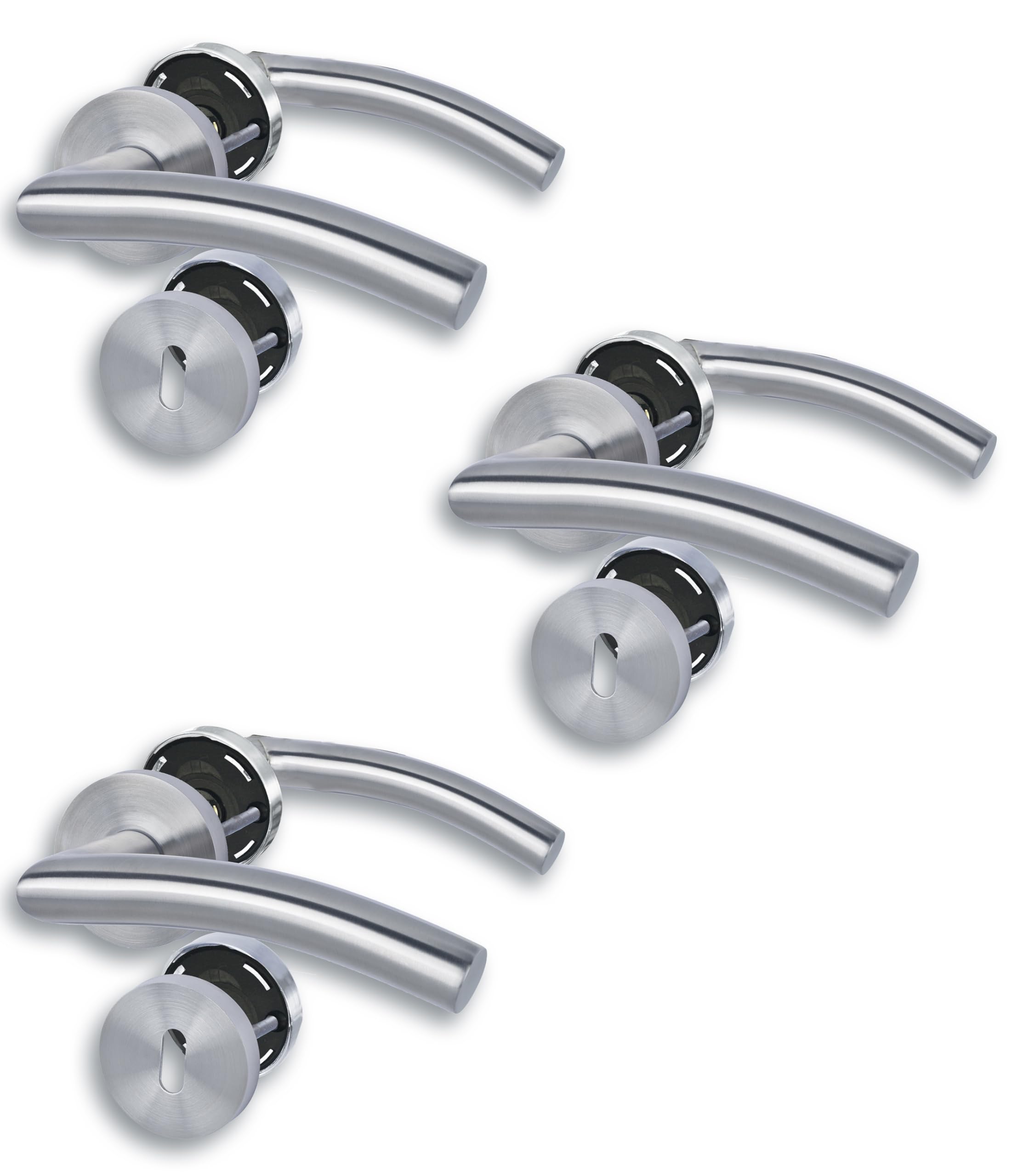 Alpertec Set of 3 Door Fittings, Set of 3, Satin Stainless Steel for 3 Room Doors with Deadlock Holes, Cliprosette, Diameter 52 mm, Door Handle, Door Handle