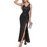 Ever-Pretty Women's Sequin Formal Dresses V Neck Sleeveless Slit Floor Length Mermaid Evening Gown Christmas Dress