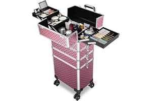 BYOOTIQUE 4 in 1 Rolling Makeup Train Case Professional Cosmetic Organizer Travel Makeup Trolley (Antique Pink)