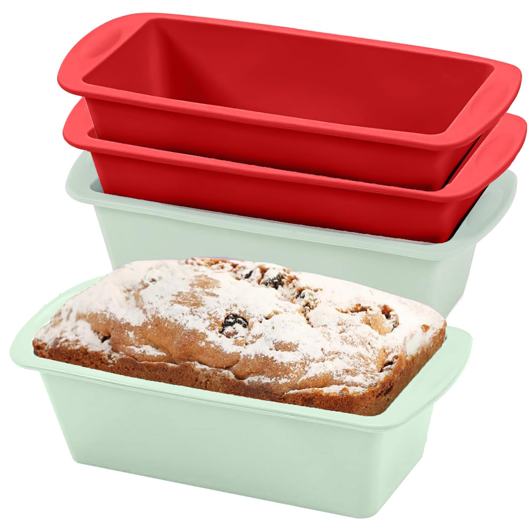 Lepat 4 Pcs Mini Loaf Tins, Silicone 1Lb Loaf Pans, 16 x 8.2 cm Temperature Resistant Non-Stick Baking Trays, Small Cake Bread Tins, Bread Making Mould for Baking Loaves, Cakes(2 Pcs Red+2 Pcs Green)