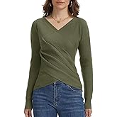 Wrap Criss Cross Sweater for Women, V Neck Ruched Pullover Off Shoulder Long Sleeve Fashion Fall Casual Tops