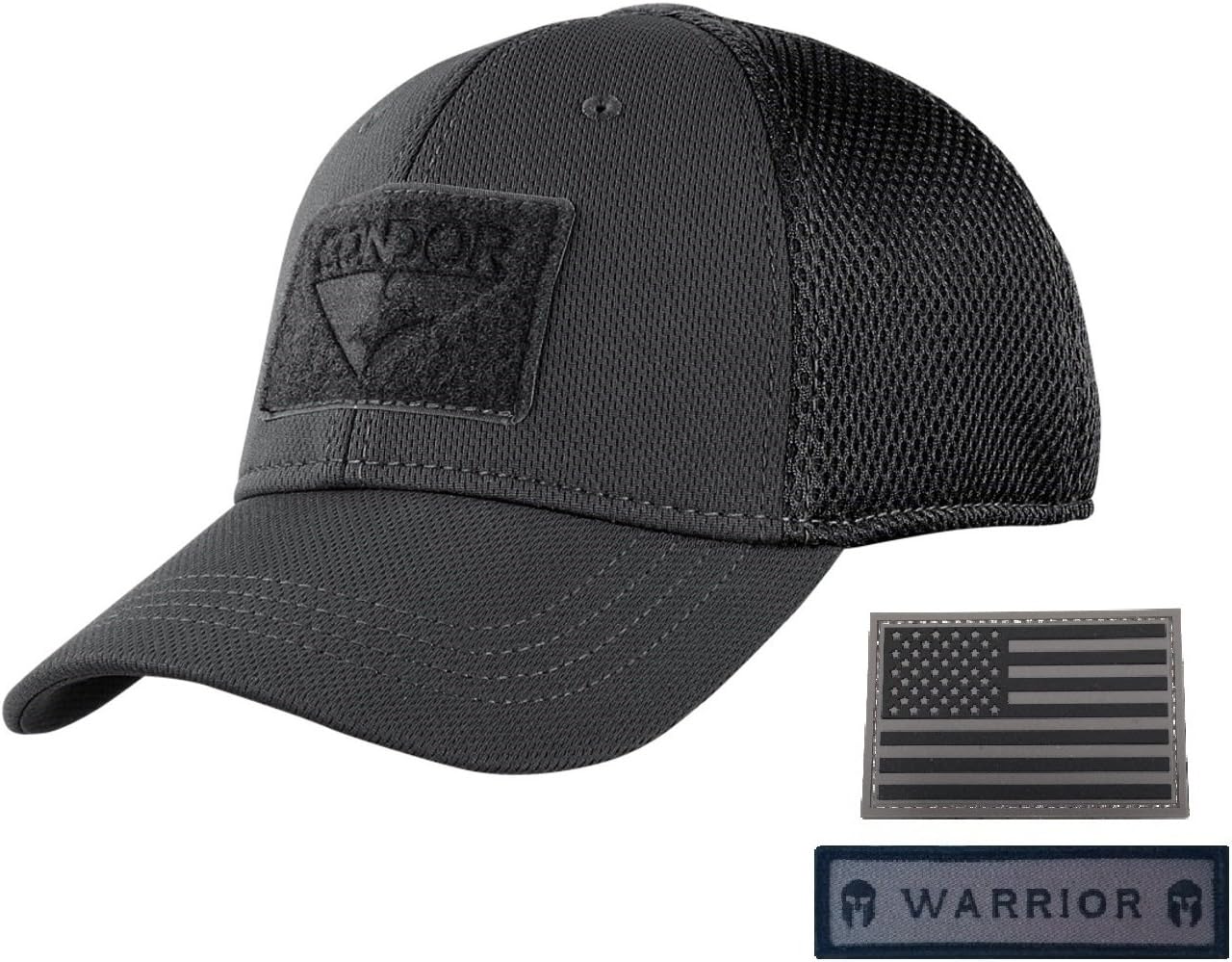 Condor Flex Mesh Cap, Black + Flag & Warrior Patch, Fitted Tactical Operator Hat