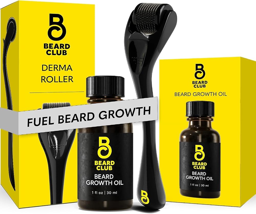 Beard Club Derma Roller & Beard Growth Oil - Microneedling Roller with 540 Titanium Coated Microneedles & Cedar, Sandalwood B