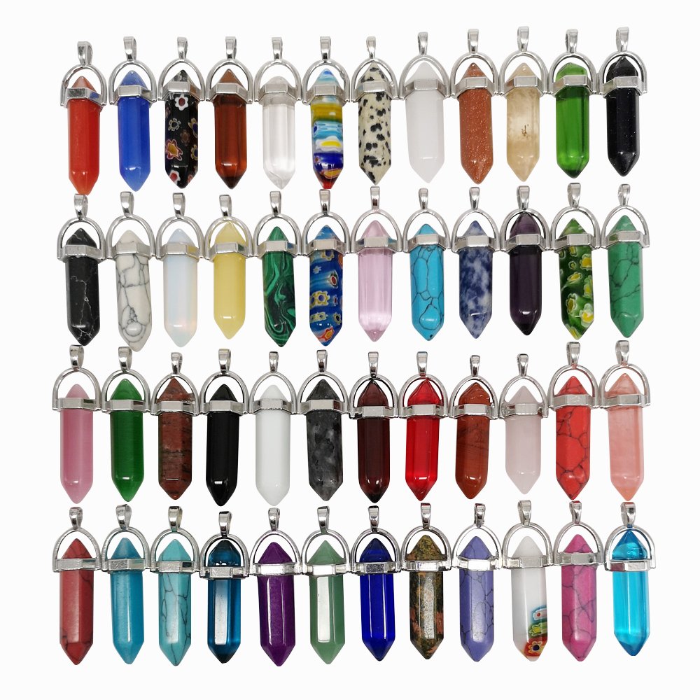 Chenkou Craft Assorted 40pcs Artificial Natural Stone Gemstone Bullet Shape Healing Pointed Chakra Beads Crystal Quartz Stone Charms Pendants for Necklace Jewelry Making Gift