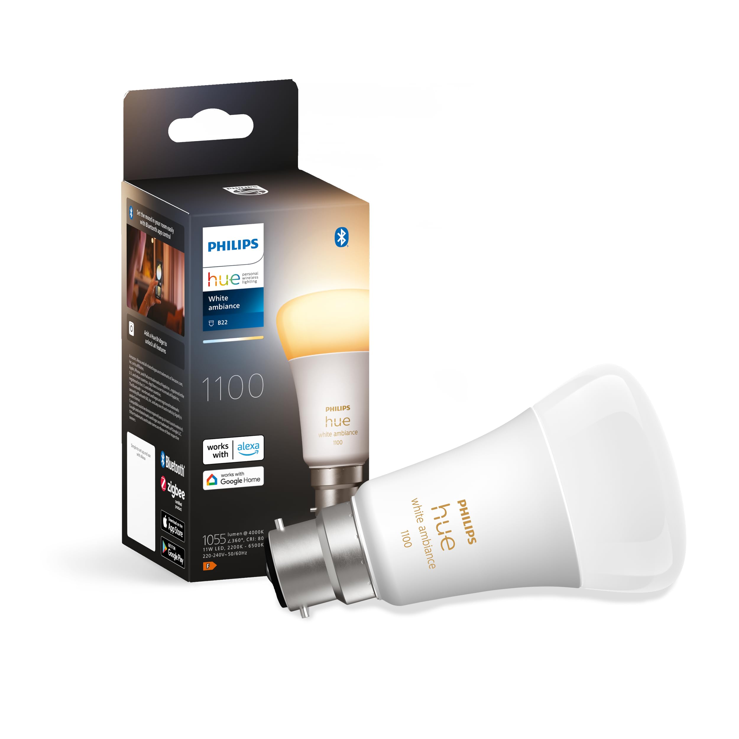 Philips Hue White Ambiance Single Smart Bulb LED [B22 Bayonet Cap] - 1100 Lumens (75W Equivalent). Works with Alexa, Google Assistant and Apple Homekit