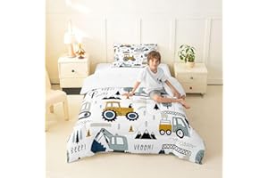 Cartoon Car Kids Comforter Set Construction Bedding Set Decor Equipment Trucks Comforter Cartoon Car Excavator Tractor White 