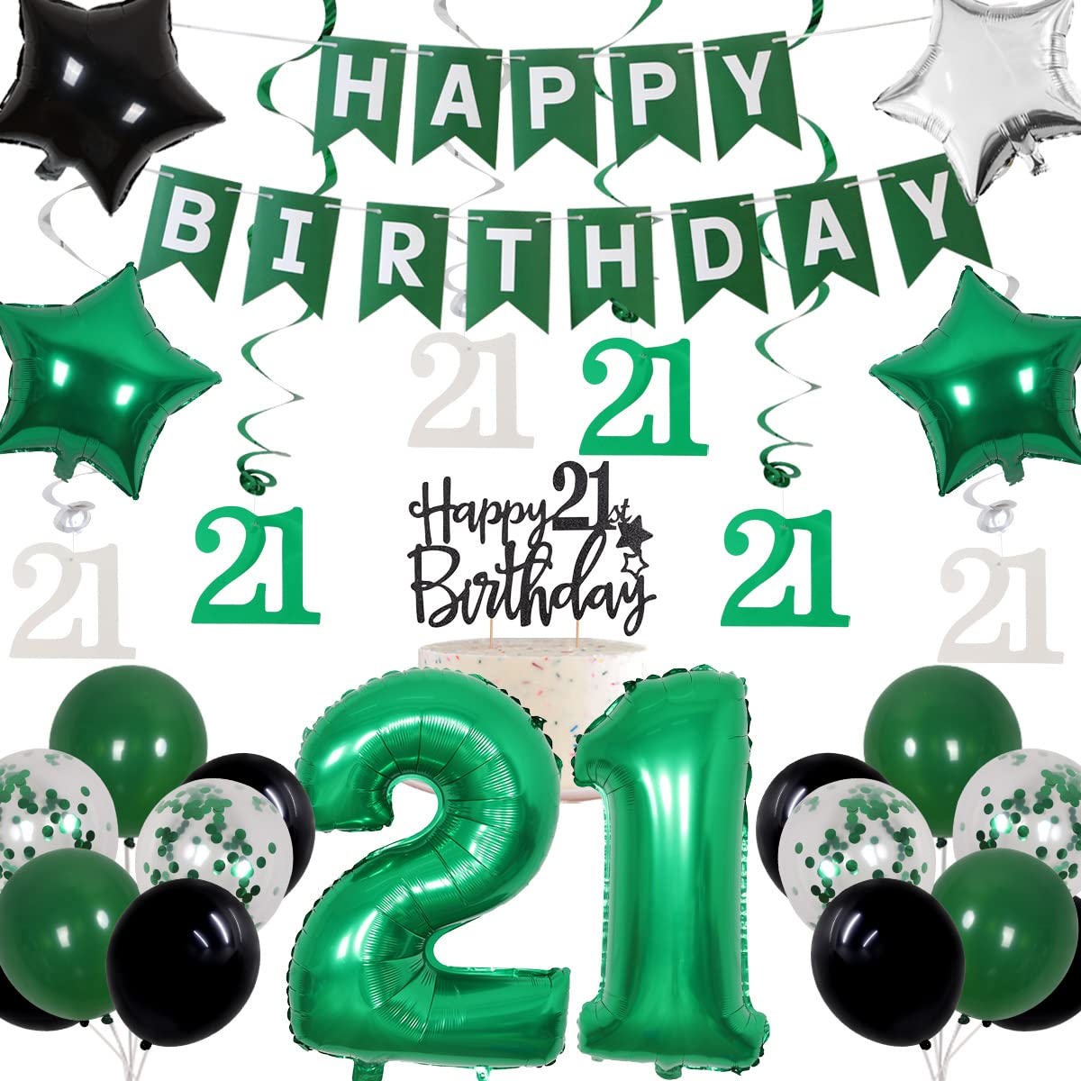 Photo 1 of Cheereveal 21st Birthday Decorations - Green & Black Happy Birthday Banner, Cake Topper, Number 21 Foil Balloon, Hanging Swirls for 21 Year Old Party Supplies