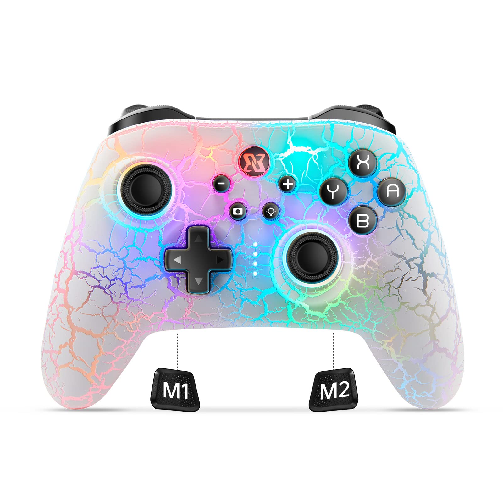 Photo 1 of BINBOKPLAY Switch Controller, Wireless Switch Pro Controller for Switch/Switch Lite/Switch OLED, RGB Adjustable LED Wireless Remote Gamepad with Unique Crack/Motion control/Turbo/ALPS Joystick (White)