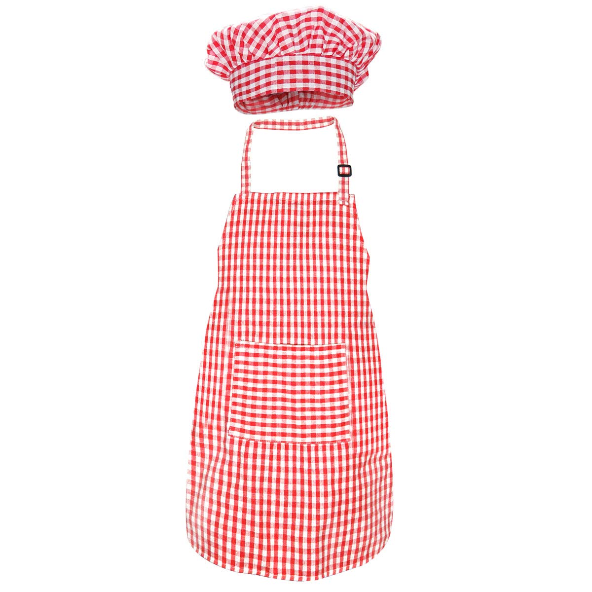 Jennice House Kids Apron and Chef Hat Set, Cute Children Baking Aprons for Boys and girls Cooking Artists Painting Gardening Aprons (Red Gingham, Large)