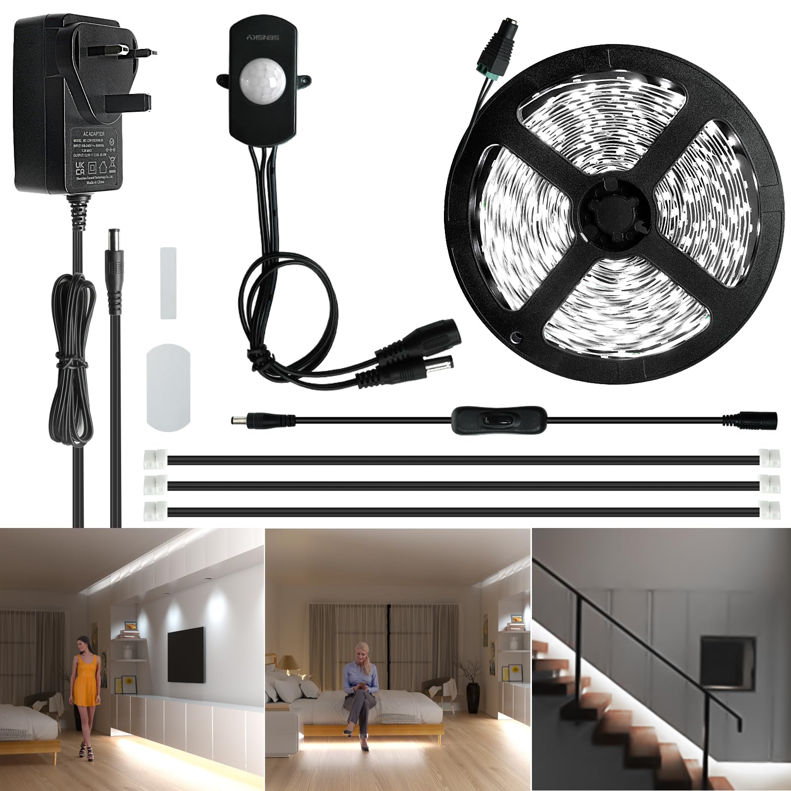 Sensky 19.7ft Motion Activated LED Strip Light Kit Dimmable for Under Cabinet, Under Bed, Pantry, Kitchen, Stairway, Closet Lighting (6M,Cool White,Upgraded Version)