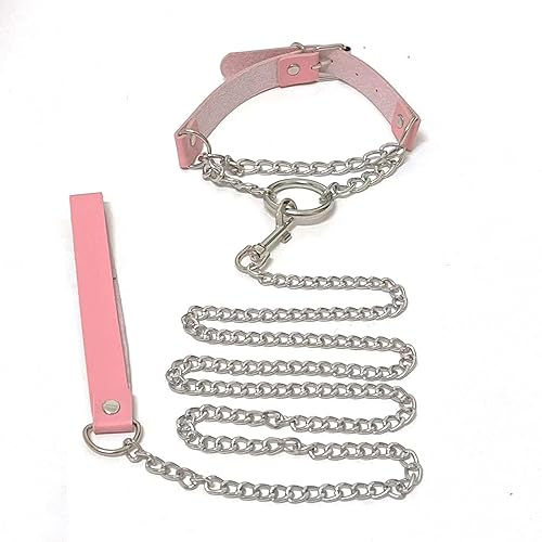 Tosmifairy Pink Leather Chain Ring Charms Necklace Choker Collar
