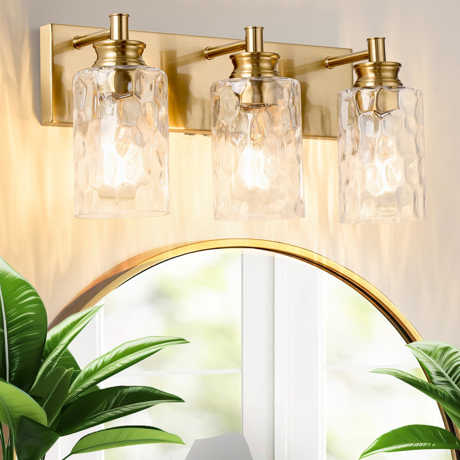 Photo 1 of AMRUIPO 3 Light Bathroom Vanity Light Modern Brushed Gold Bathroom Light Fixtures Over Mirror with Hammered Glass Lampshade for Kitchen Hallway
