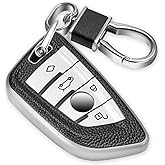 CTRINEWS for BMW Key Fob Cover with Leather Keychain, Advanced Blade Shape Soft TPU Surface Grain Key Fob Holder for New BMW Smart Key(Silver)