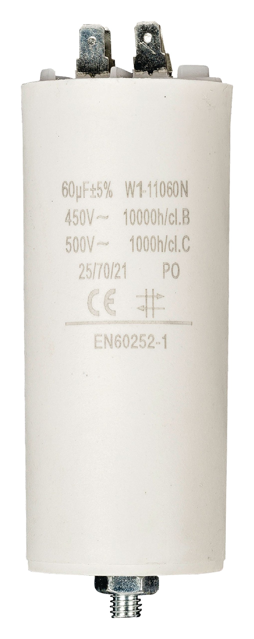 Invero Cylinder Shaped Run Motor Pump Capacitor 60.0uf - 450V Earthed - Dimensions: 50 x 117 mm - White