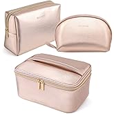 MAANGE 3 Pcs Makeup Bag Portable Travel Cosmetic Bag Large Makeup Bag Organizer with Gold Zipper Waterproof Toiletry Bags for Women and Girls(Rose Gold)
