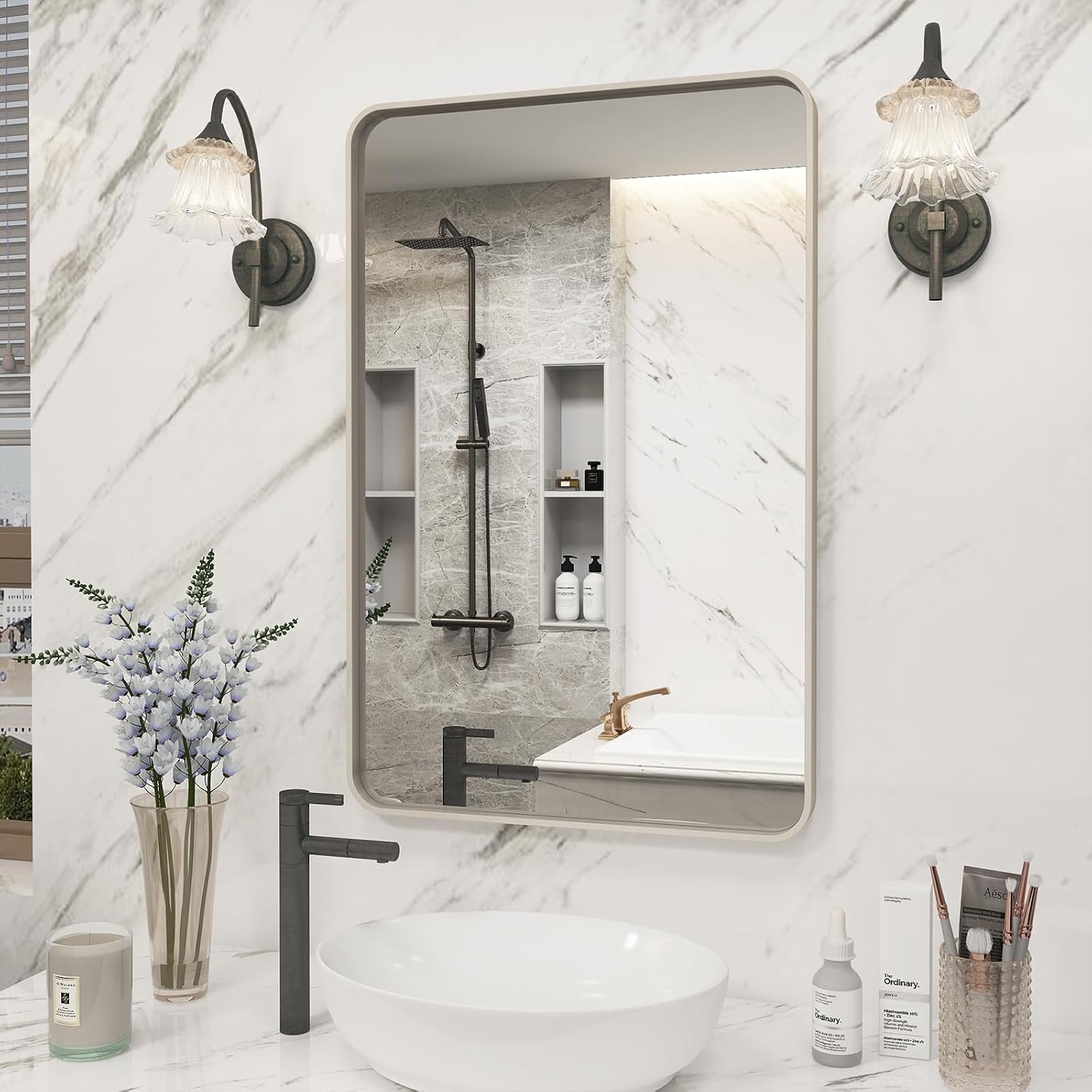 Mirrors - VANLIO 20x30 Silver Bathroom Mirror, Silver Wall Mirror for Vanity, Brushed Metal Framed Rectangle Mirror, Anti-Rust, Brushed Nickel,Shatterproof, Round Corners(Horizontally/Vertically)