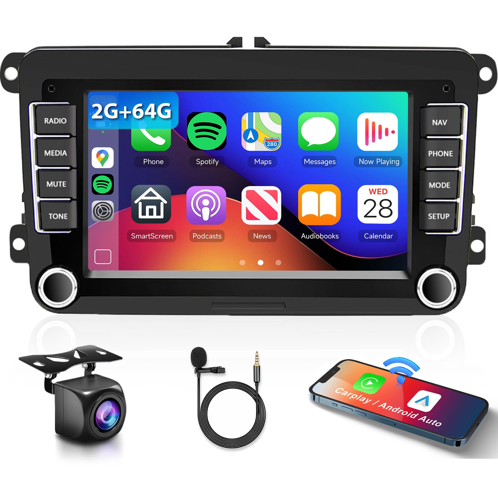 Photo 1 of 2+64G Android Car Stereo with Wireless Carplay/Android Auto for VW Jetta Seat Passat Tiguan CC Golf Skoda 7 Inch Touchscreen Headunit GPS WiFi Bluetooth FM with Backup Camera for Volkswagen