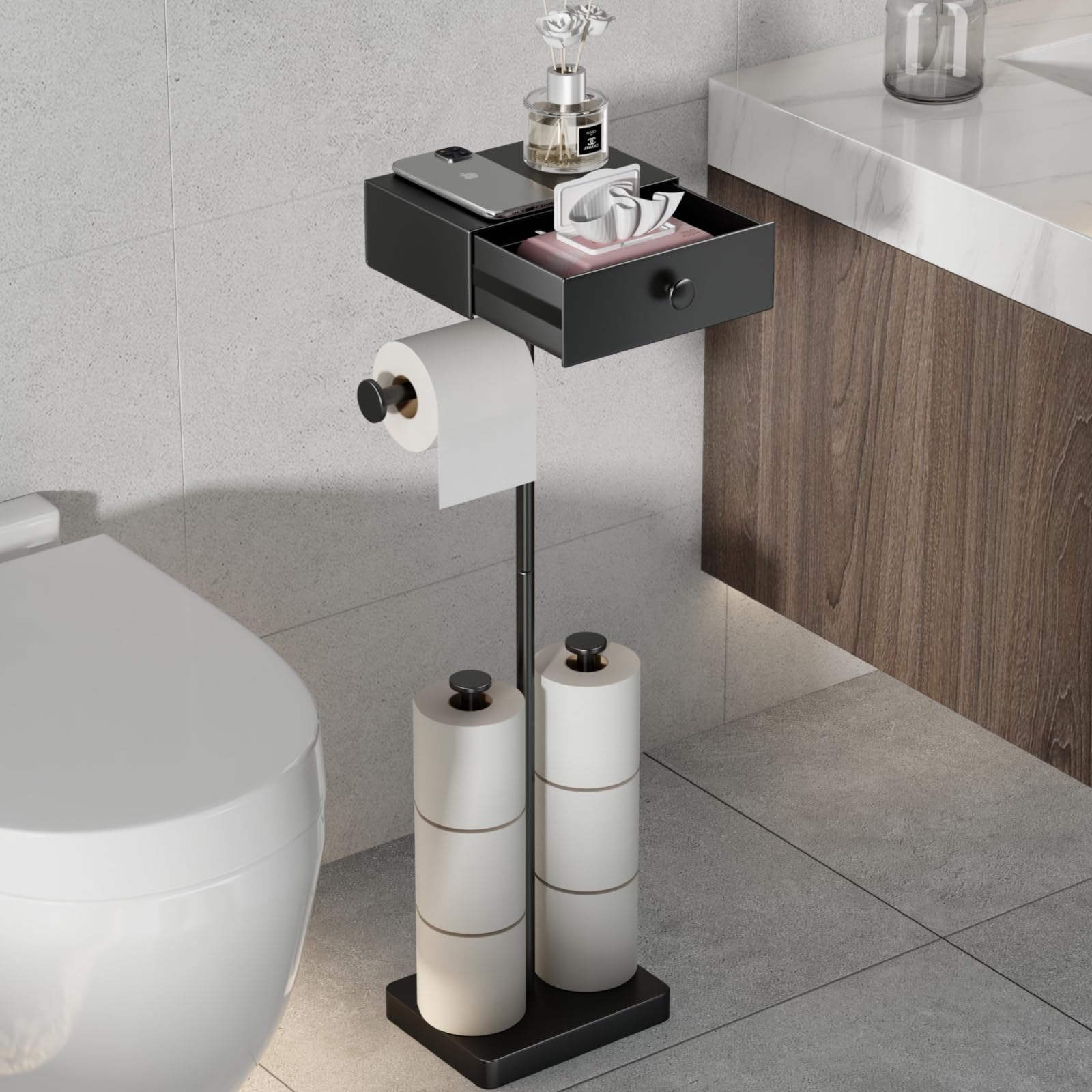 Photo 1 of ***MISSING PARTS***
VOLDRA Toilet Paper Holder Stand with Shelf, Free Standing Black Toilet Paper Roll Holder with Wipes Storage Drawer Heavy Duty Floor Bathroom Tissue Holder Freestanding No Drill Tp Holder for 7 Rolls