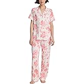 GYS Women's Pajama Set Bamboo Viscose Notch Collar Button Down Short Sleeve Top with Pants 2 Piece Sleepwear