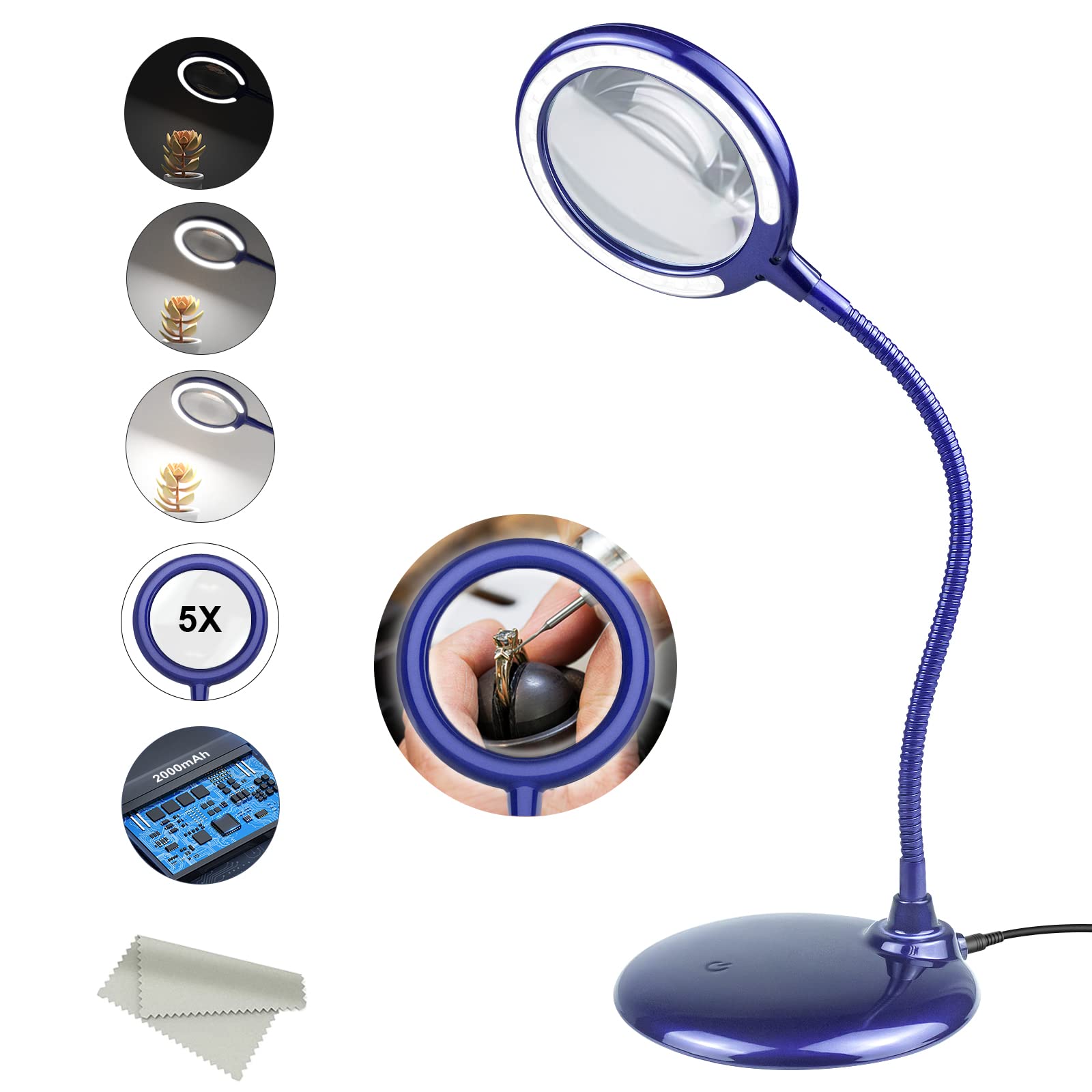 Rechargeable 5x Magnifying Dimmable Lamp, Magnifying Glass with Light and Stand,Magnifiers with 28 LED Lights for Senior, Low Vision, Hobbies, Crafts