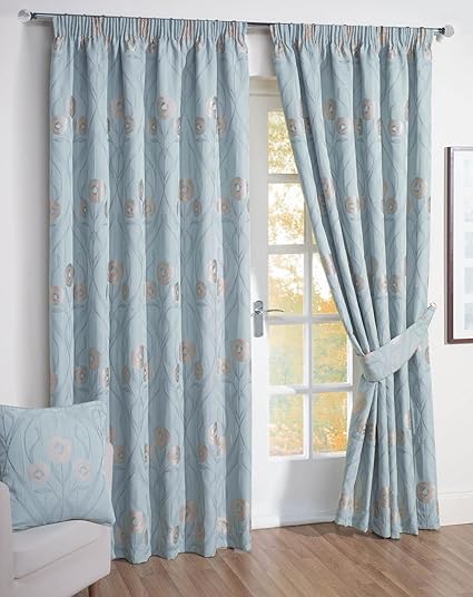 Rectella Montrose Duck Egg Blue Floral Jacquard Curtains Pair