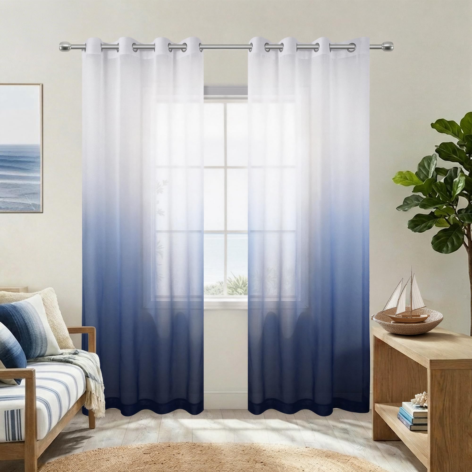 Navy Blue Curtains 84 Inch for Living Room Set of 2 Panels Grommet Window Semi Sheer Nautical Design Faux Linen Ombre Navy Curtains for Boys Bedroom Nursery Men Office Decor Deep Dark Blue and White