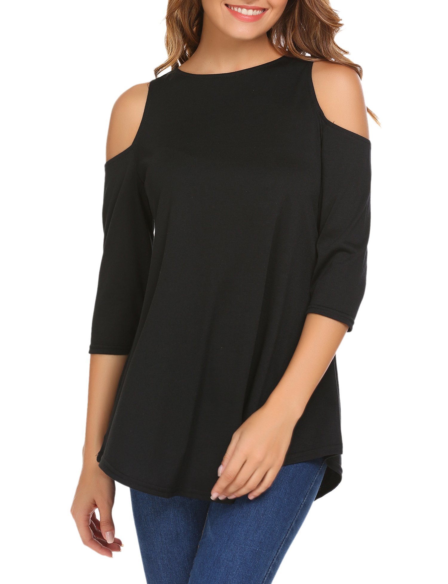 Aceshin Womens Sexy Jersey 3/4 Sleeve Cold Shoulder Blouse Top Black