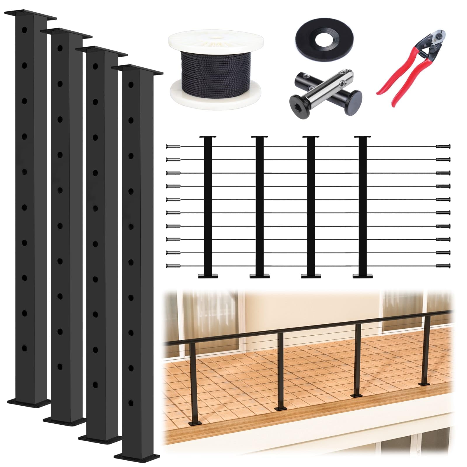Photo 1 of Muzata 15-20FT Modular Black Cable Railing Kit 36 Inch 4 Level Post Kit Complete Set Cable Railing System for Decks Length Adjustable Easy DIY with Paper User Guide (No Handrail) RWS2 BH4S