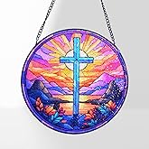 HOTIYOK Stained Glass Cross Round Mountain Sunset Design Glass Window Hanging for Kitchen Indoor Decorations Gifts for Women Grandma Teacher Nature Lovers