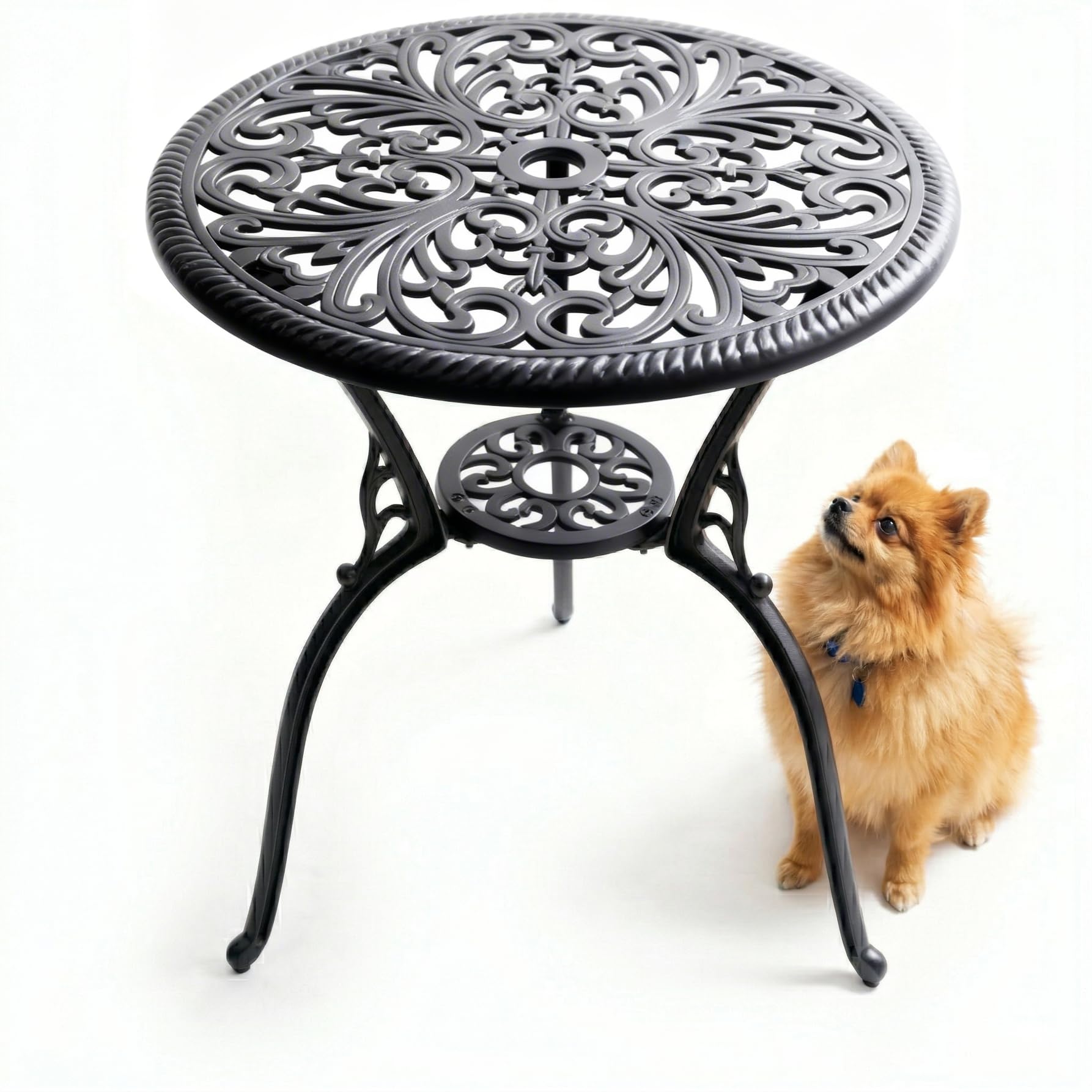 Homeology BANGUI Outdoor Bistro Table Cast Aluminium Black, Garden Patio Round Table with Parasol Hole, Weather Resistant Rustproof Metal Furniture for Balcony Decking Terrace 68.5cm