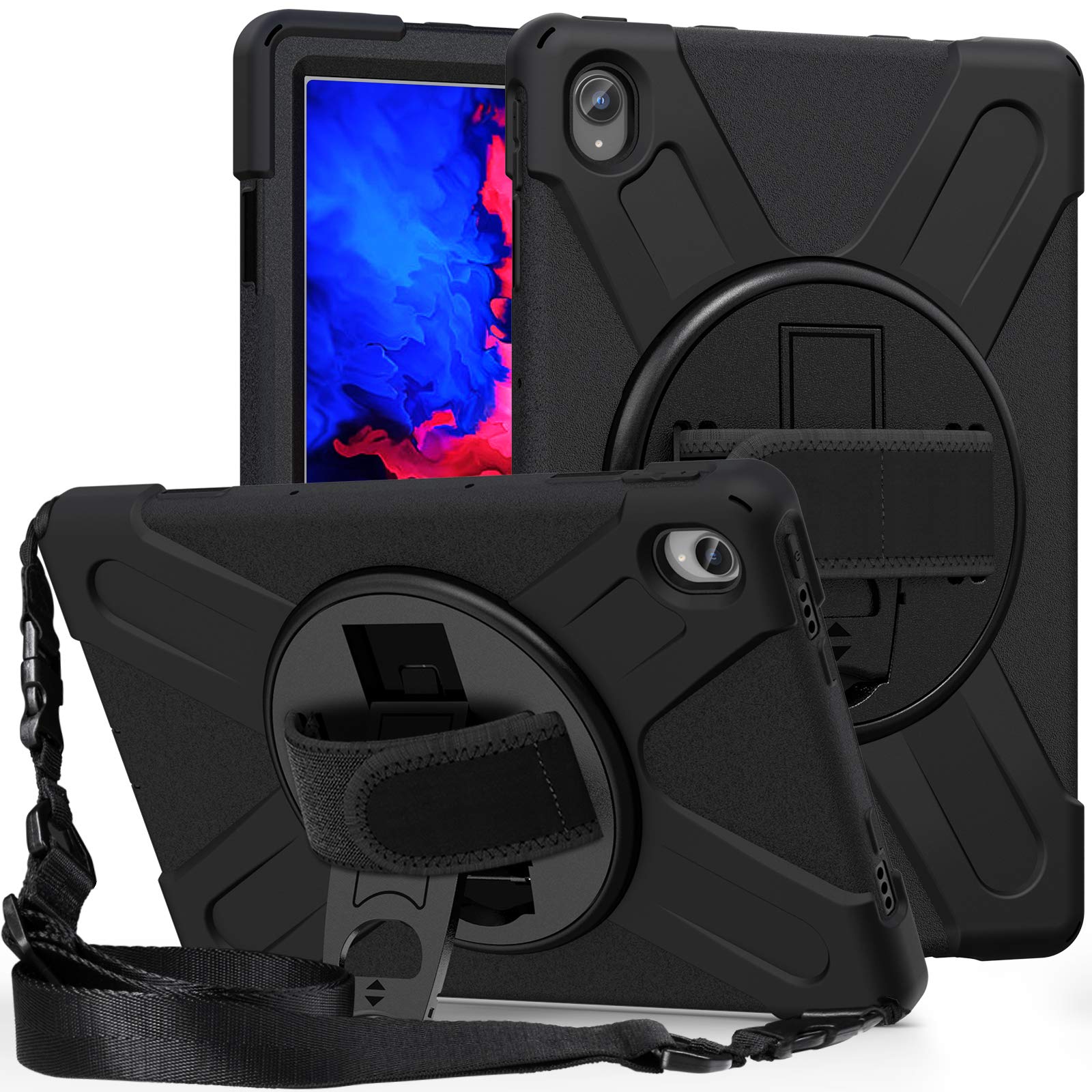 Fonrest Heavy Duty Case for Lenovo-Tab-P11/P11 Plus/P11 5G (TB-J606F/J607F/J616F/J607Z), 11-inch Hybrid Shockproof Rugged Cover with Kickstand, Hand Grip, Shoulder Strap, PC+Silicone Shell (Black)