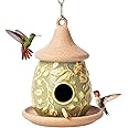Hanging Bird Houses Ceramic Bird House Feeder with Wooden Pole for Outside Hummingbirds Cardinal Bluebird Nest Birdhouse Pet Cottage for Patio Outdoor Garden Decor