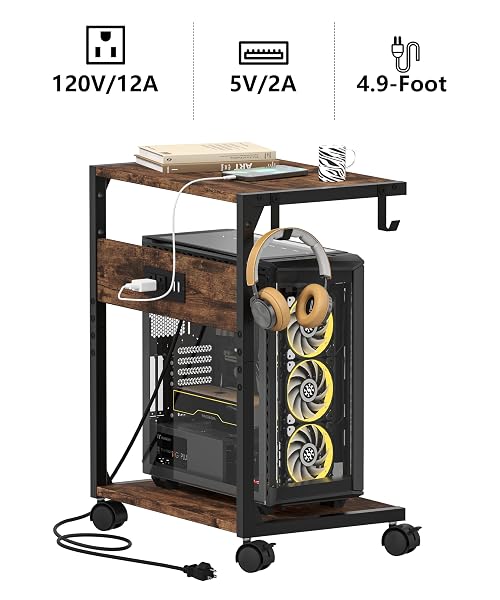 AKXOMEL 2 TIER COMPUTER TOWER STAND WITH CHARGING STATION, 11.8″ D X 16.5″ W ROLLING FLOOR PC TOWER STAND FITS UNDER DESK, CPU HOLDER CART FOR CARPET WITH HOOKS, C SHAPED END TABLE FOR HOME OFFICE