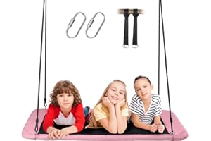 Lunafun 60" Giant Platform Tree Swing for Kids 700LBS Flying Saucer Tree Swing Sets for Backyard Indoor with 2 Hanging Straps Pink