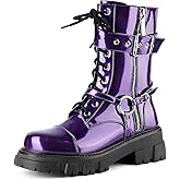 ElegaStep Women Harness Motorcycle Biker Boots Steampunk Combat Boots Chunky Mid Calf Goth Boots Lug Sole Lace up Side Zipper
