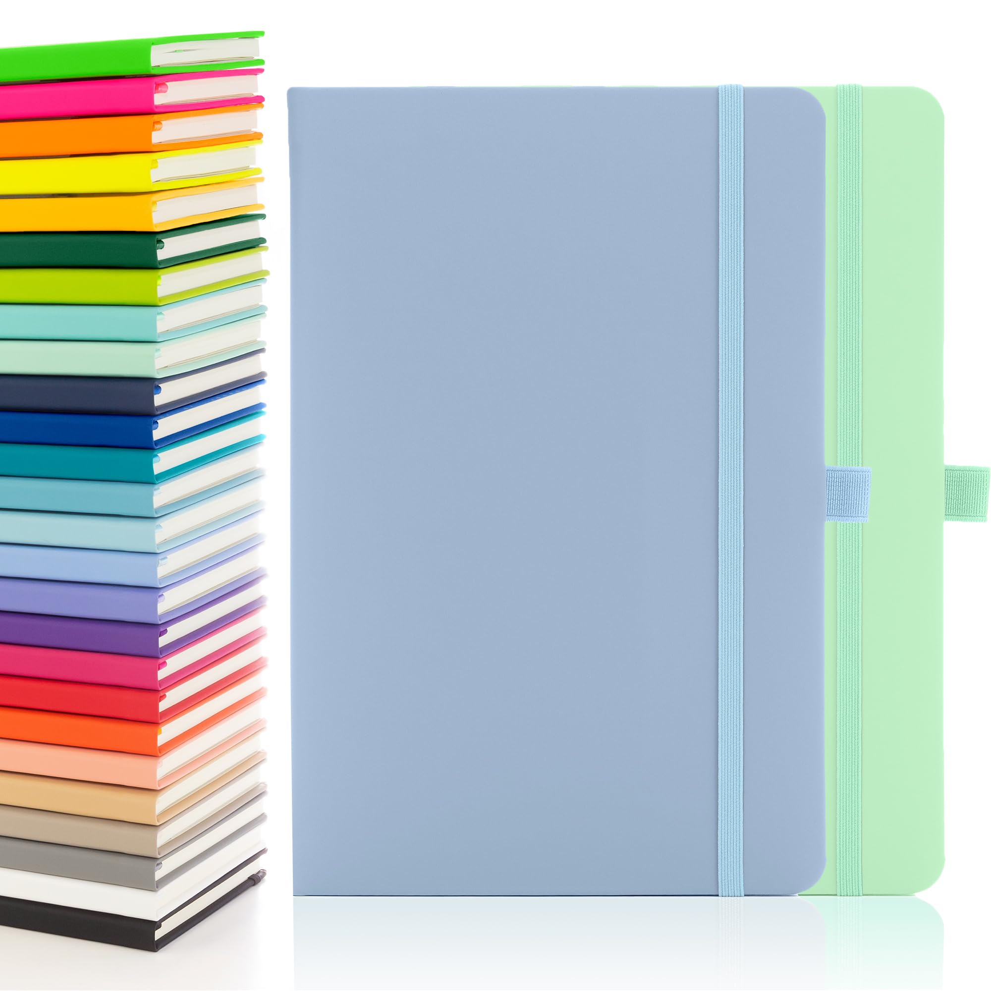 Notes London 2 x Eco A5 Notebook with Lined Pages, Pen Loop, Ribbon, Date Marks and Paper Pocket, Medium Hardback Journal, Note, sustainably sourced paper (Pastel Mint & Pastel Blue)