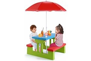CHEFJOY Kids Picnic Table, Toddler Plastic Outdoor Desk & Bench Set w/Removable Adjustable Umbrella, Gift for Boys Girls 3+, Kids Outdoor Table for Patio, Backyard, Sand Play, Camping (Red)