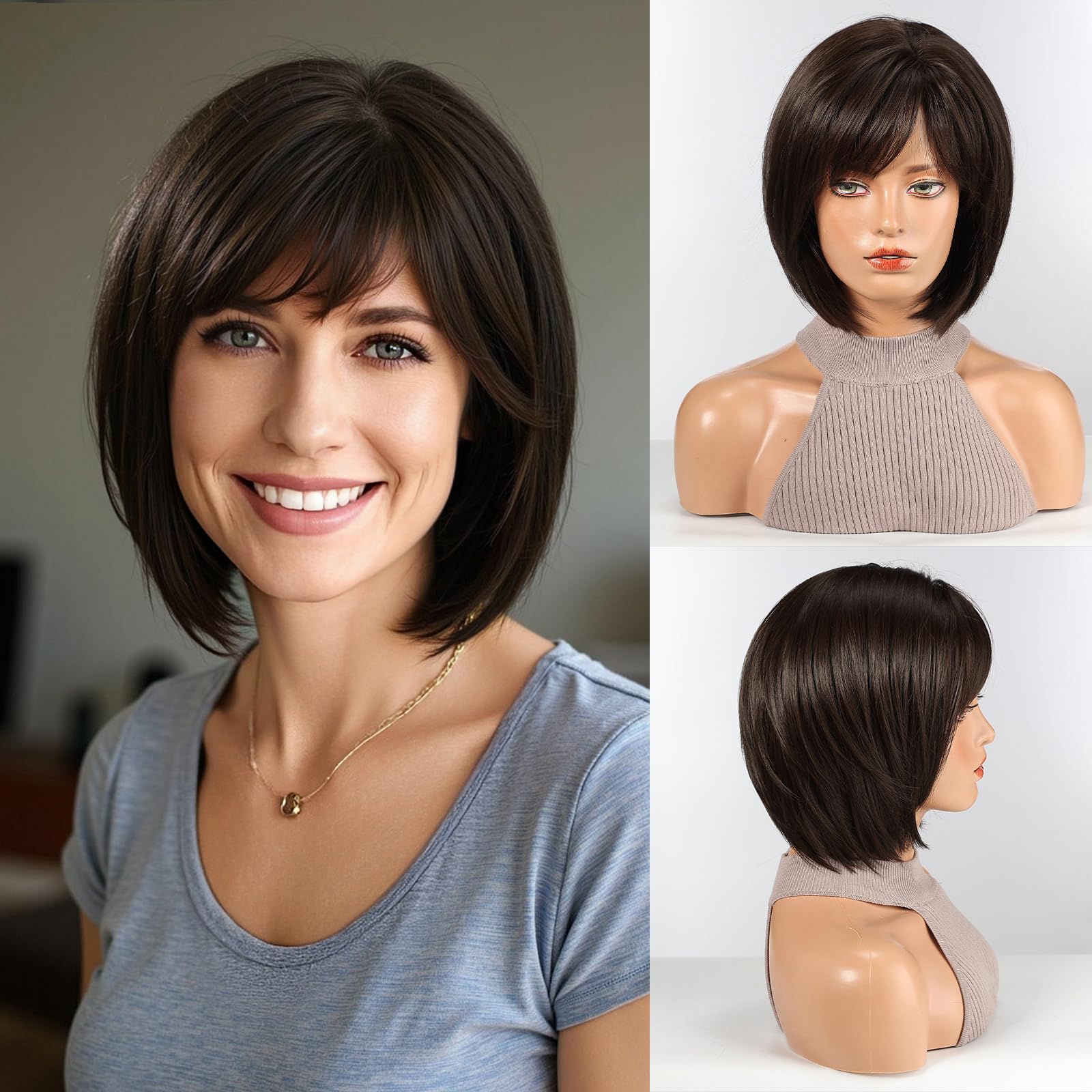 HAIRCUBE Bob Wigs for Women Synthetic Wig with Fringe Dark Brown Color — image 1