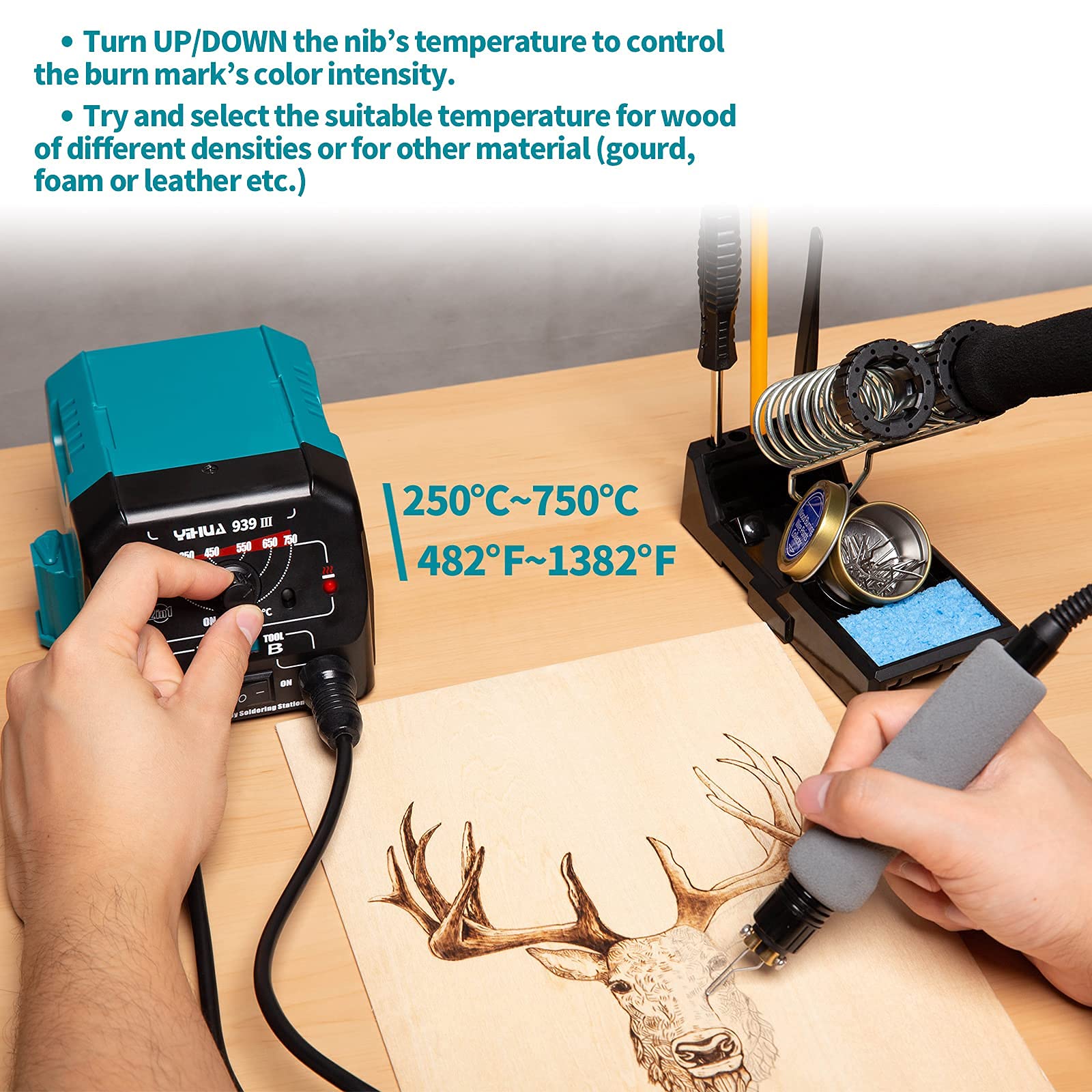 YIHUA 939 III Dual Pen Pyrography Station 2-in-1 Wood-Burning Tool with Two Wood-Burning pens 250-750°C Temperature Adjustable 20 Detailer nibs and 7 Essential Accessories and Tools Included
